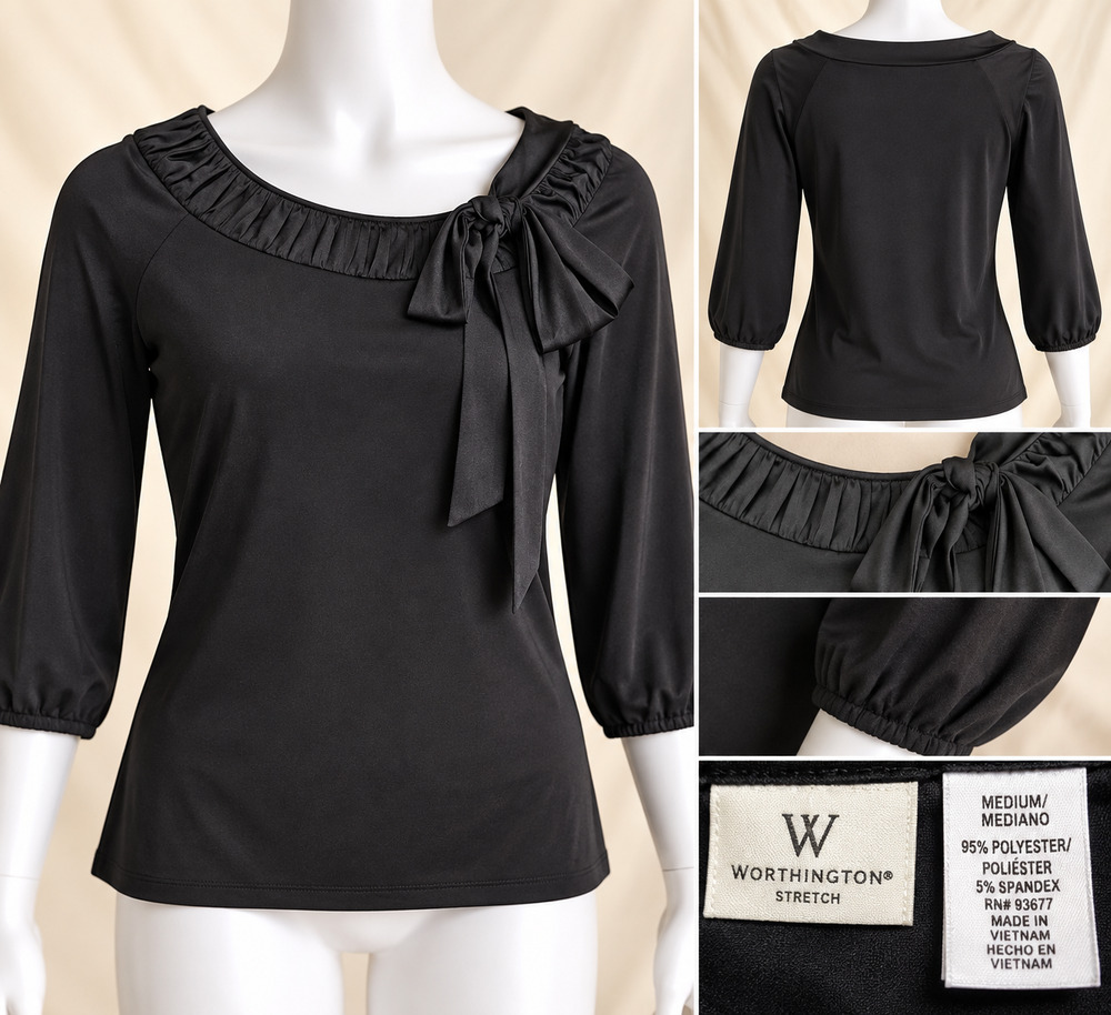 Worthington M Black 3/4 Sleeve Bow Romantic Office Siren Coquette Balletcore Top